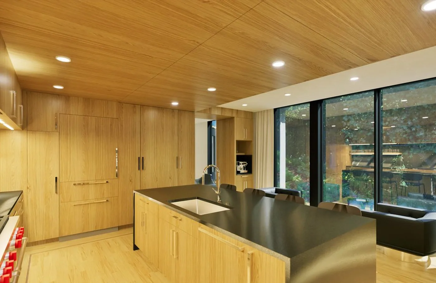 Modern kitchen with full-height cabinetry and a finished wood ceiling