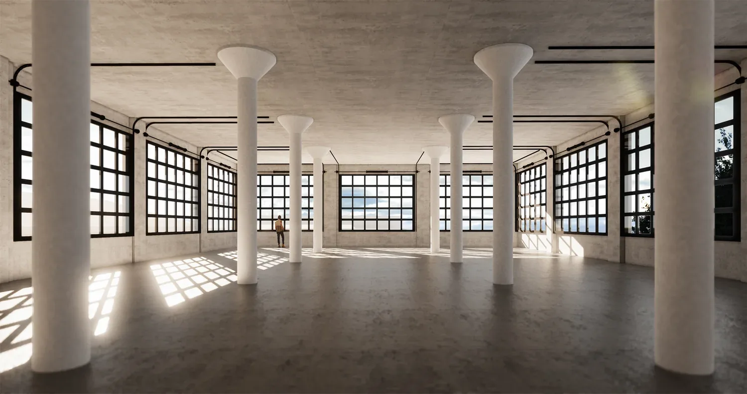 Large commercial interior with painted columns and steel windows