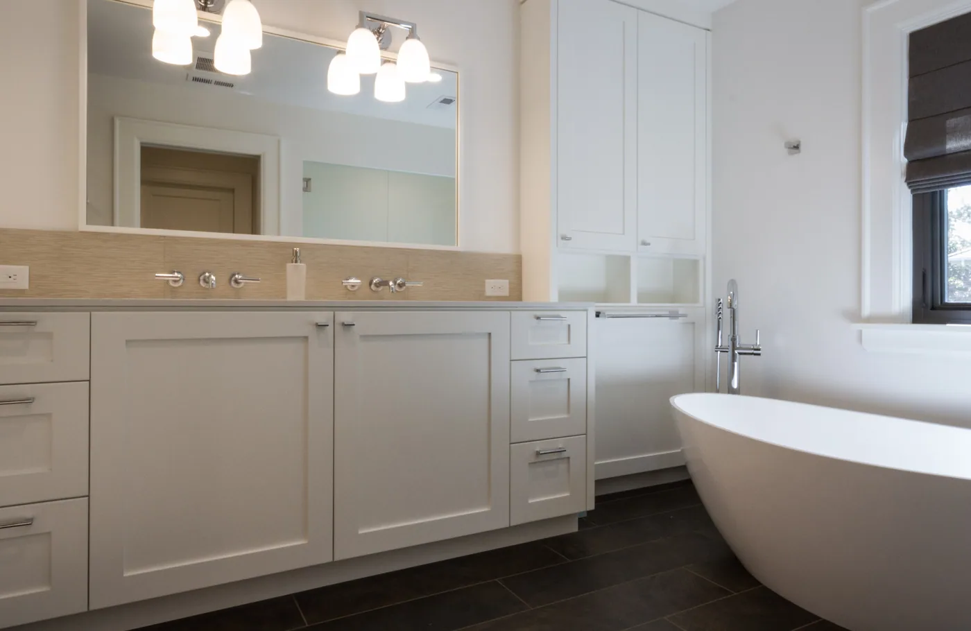 Double bathroom vanity with painted drawers and cabinets