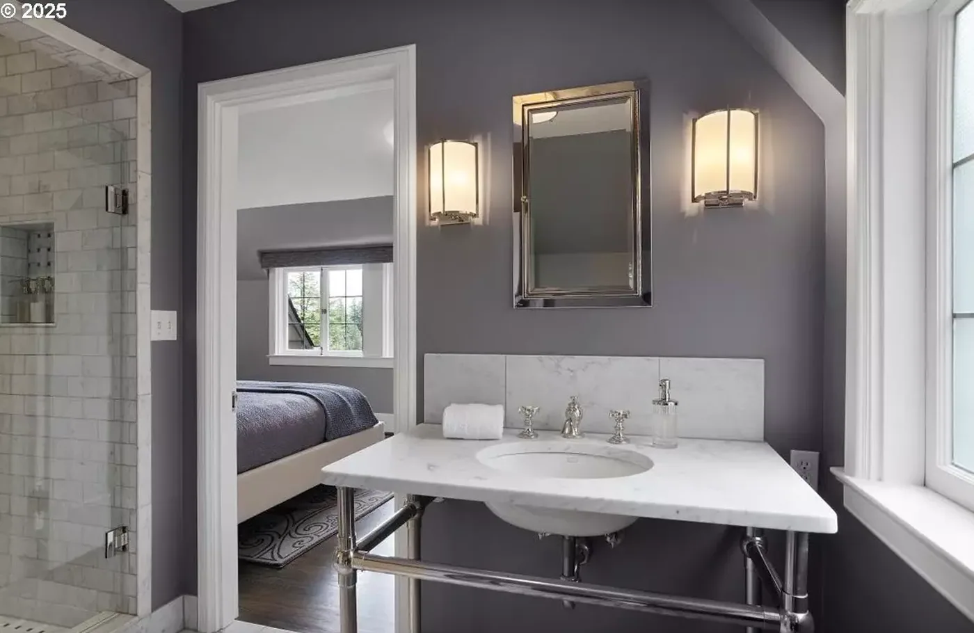 Bath with grey walls and white trim