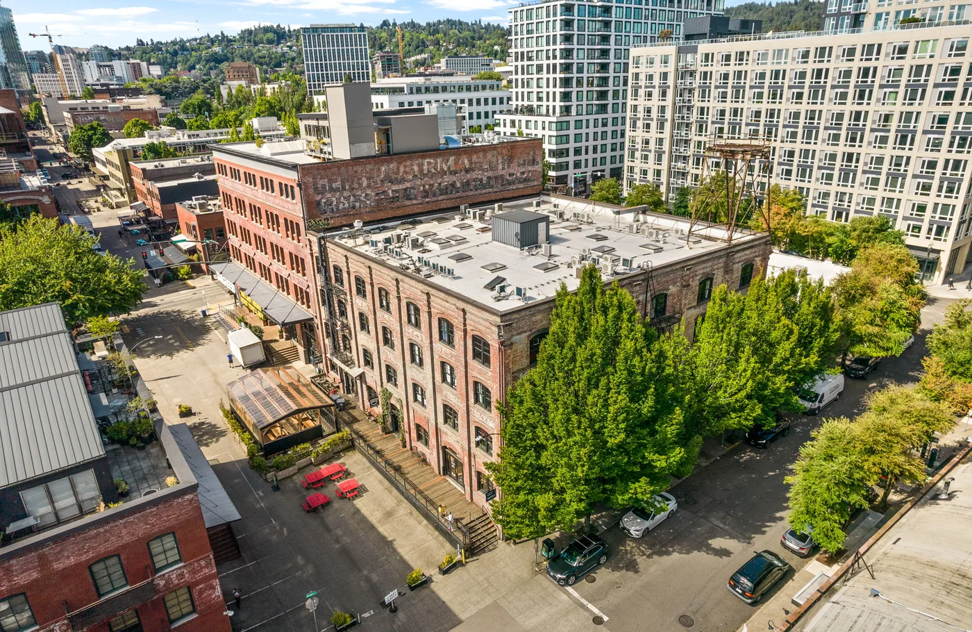 Historic brick commercial building in Portland seen from above, painted by G & F Painting
