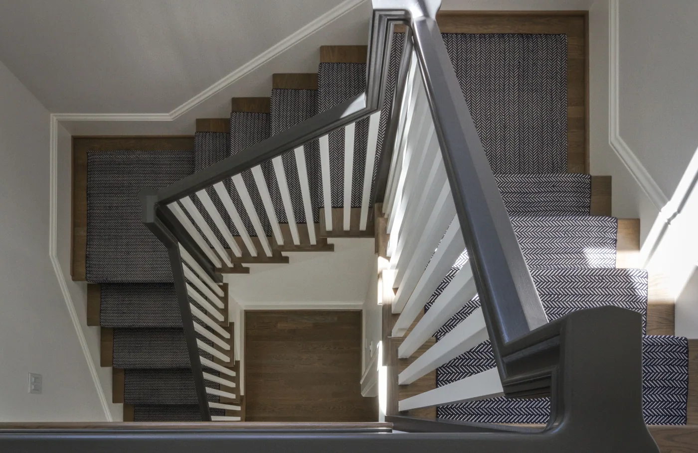 Looking down a painted switchback stair
