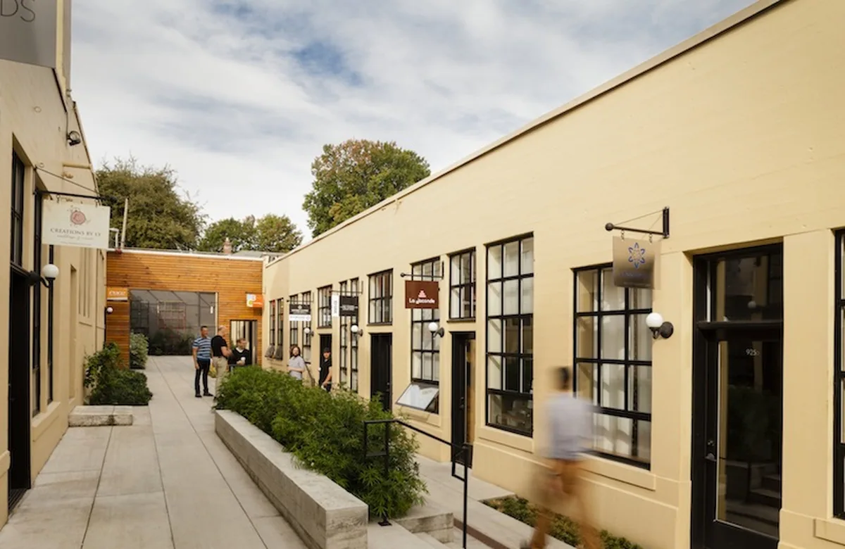 Painted commercial building and walkway at the Film Exchange in Portland
