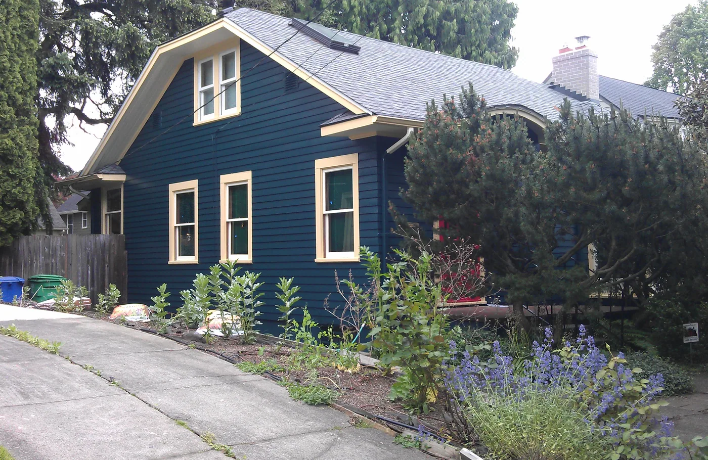 Bungalow painted deep blue with cream window trim