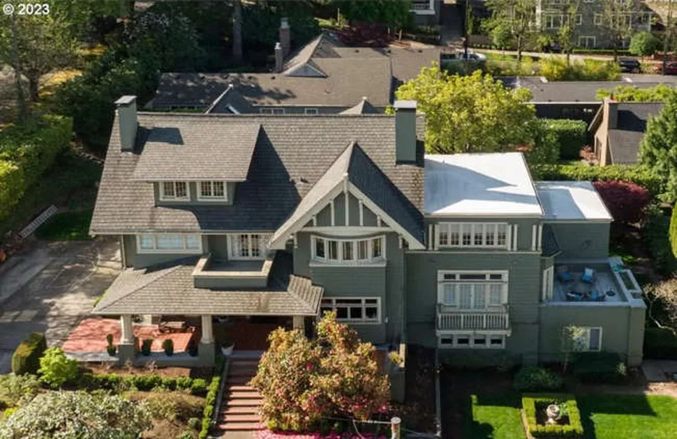Aerial view of a large Portland home and garden