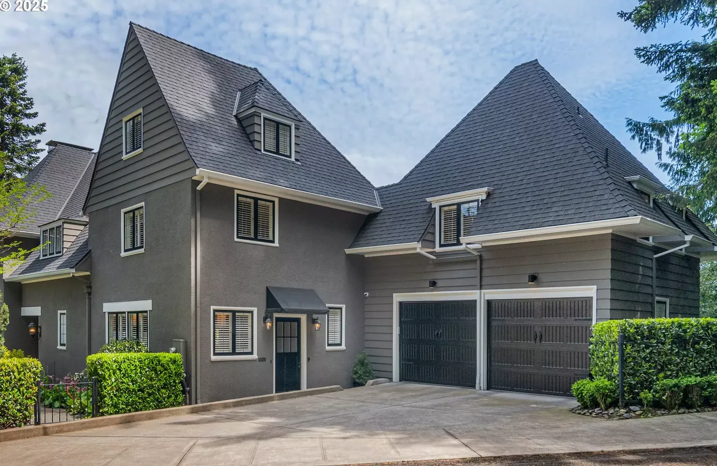 Grey home with a two-car garage