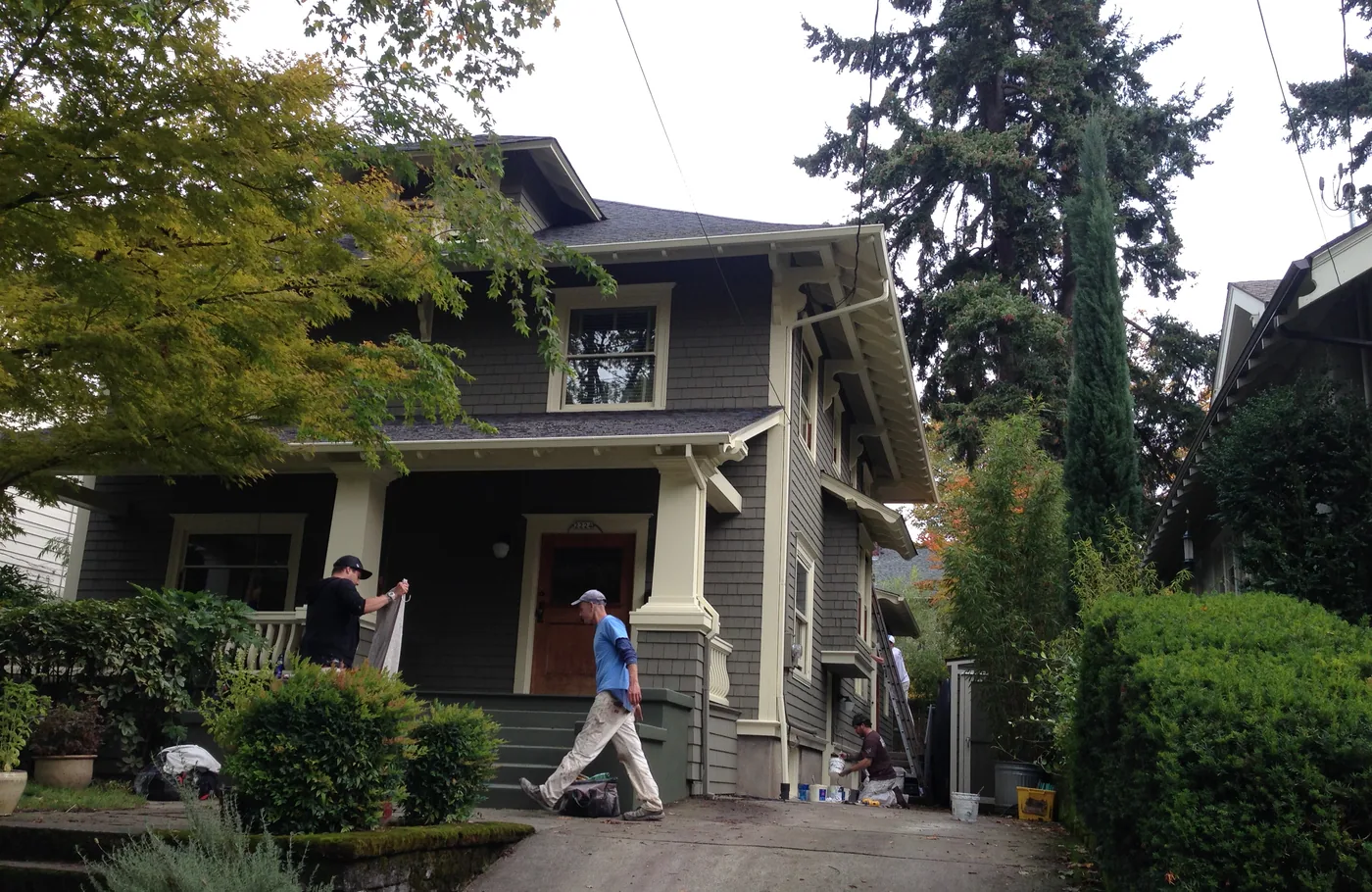 The G & F crew setting up an exterior repaint on a Portland craftsman