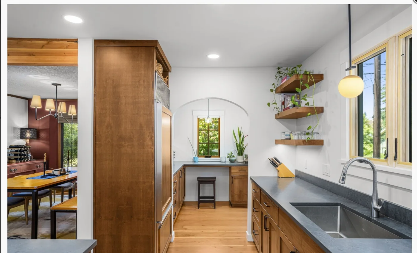 Interior with painted walls, white trim and natural wood