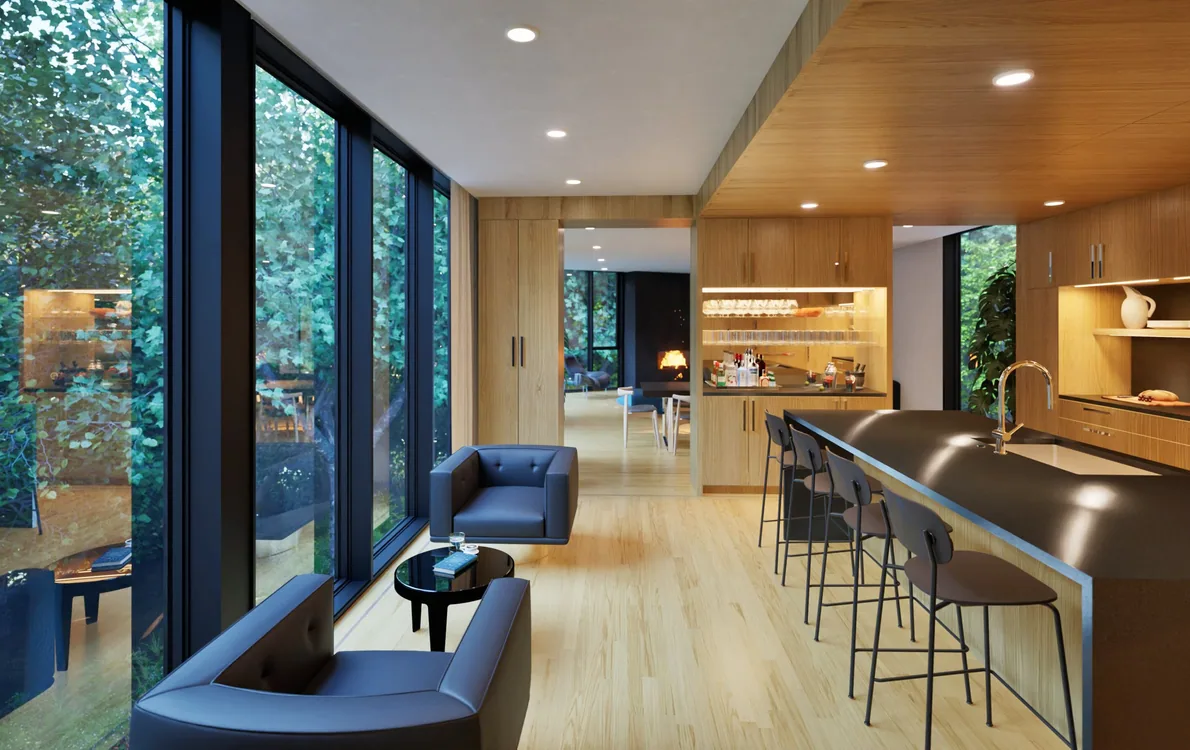 Modern living and kitchen space with a finished wood ceiling